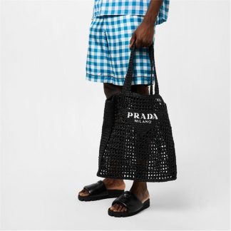 PRADA Logo Rafia Tote Unisex Nero F0002  for sale