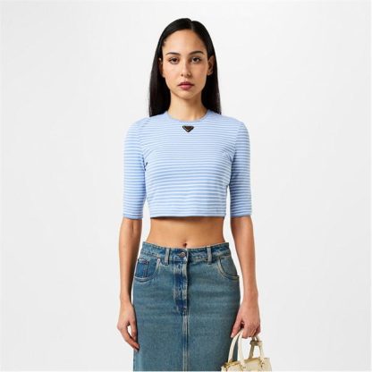 PRADA Striped Crop Top Women Short Sleeve Crop Tops Celeste Bianco for sale