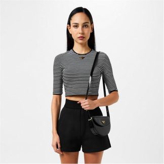 PRADA Striped Crop Top Women Short Sleeve Crop Tops Nero Bianco for sale