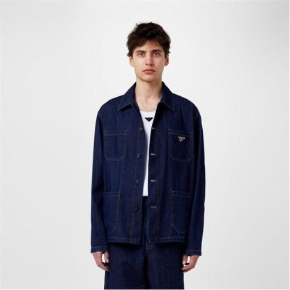 PRADA Triangle Logo Denim Overshirt Men Blue  for sale