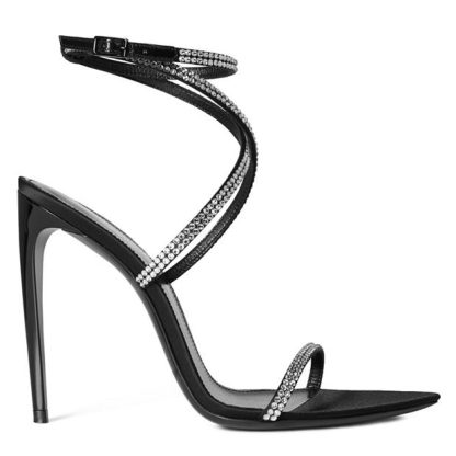 SAINT LAURENT Gippy Satine Crystal Embellished Sandals Women Blk/Crystl 1067  for sale