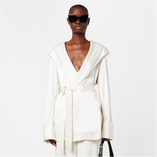 SAINT LAURENT Hooded Jacket Women Silk Dressing Gowns Chalk for sale