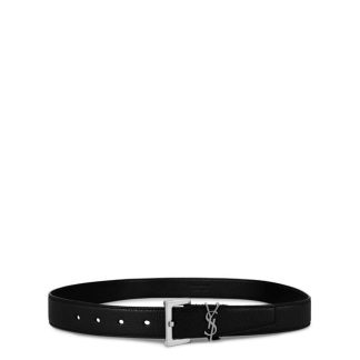 SAINT LAURENT Leather Cassandre Buckle Belt Unisex Black  for sale