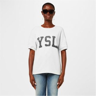 SAINT LAURENT Logo-Print T-Shirt Women Ecru 9766  for sale