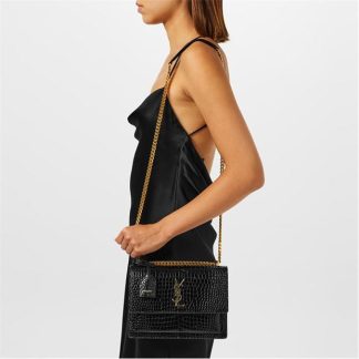 SAINT LAURENT Sunset Crocodile-Effect Shoulder Bag Women Crossbody Bags Black/Gold for sale