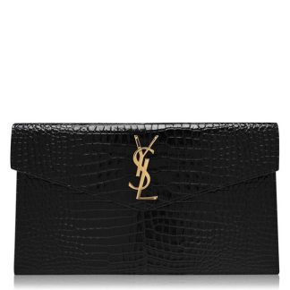 SAINT LAURENT Uptown Crocodile Clutch Bag Women Black/Gold 1000  for sale