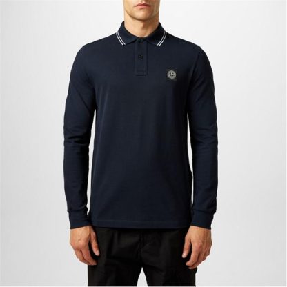 STONE ISLAND Long Sleeve Patch Polo Shirt Men Long Sleeve Polos Blue A0020 for sale