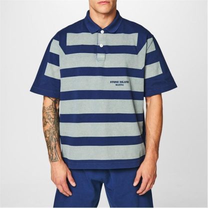 STONE ISLAND MARINA Striped Polo Shirt Men Short Sleeve Polos Royal V0127 for sale