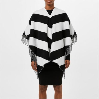 VALENTINO Fringed Striped Cashmere-Blend Poncho Women Ivory/Black  for sale