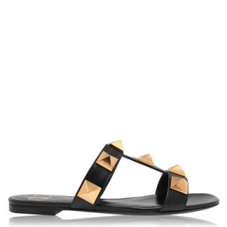 VALENTINO GARAVANI Flat Roman Stud Calfskin Sandal Women Flat Sandals Black 0NO for sale