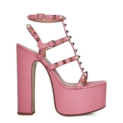 VALENTINO GARAVANI Rockstud Caged Platform Sandals Women Heeled Platform Sandals Candy Rose A76 for sale