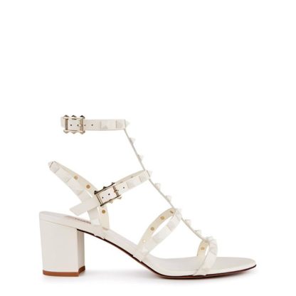 VALENTINO GARAVANI Rockstud Calfskin Ankle Strap Sandals Women Heeled Sandals Ivory for sale