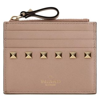 VALENTINO GARAVANI Rockstud Leather Card Holder Women Card Holders Poudre P45 for sale