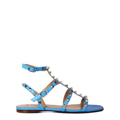 VALENTINO GARAVANI Rockstud Leather Flat Sandals Women Flat Sandals Denim 097 for sale