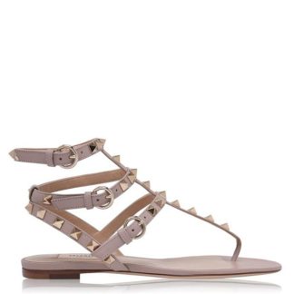 VALENTINO GARAVANI Rockstud Leather Sandals Women Flat Sandals Poudre P45 for sale