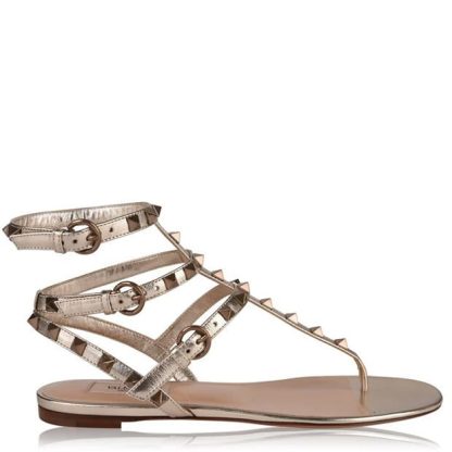 VALENTINO GARAVANI Rockstud Leather Sandals Women Flat Sandals Skin S69 for sale