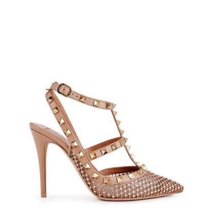 VALENTINO GARAVANI Rockstud Mesh Pumps With Crystals Women Stiletto Heels Silk/Rose for sale