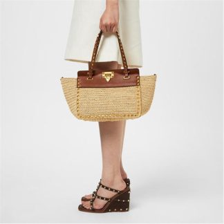 VALENTINO GARAVANI Rockstud Raffia Tote Bag Women Natural 43S  for sale