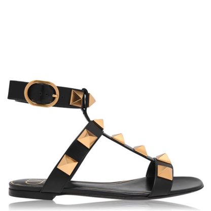 VALENTINO GARAVANI Roman Stud Flat Calfskin Sandal Women Flat Sandals Black 0NO for sale