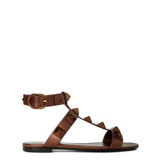 VALENTINO GARAVANI Roman Stud Flat Calfskin Sandal Women Flat Sandals Bronzo LN0 for sale