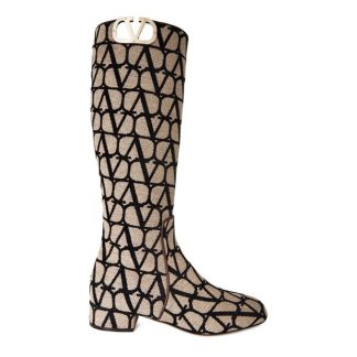 VALENTINO GARAVANI Toile Iconographe Knee-High Boots Women Knee High Boots Nat/Blck 6ZN for sale