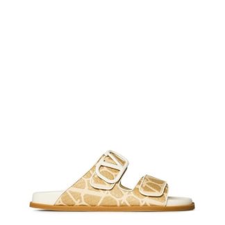 VALENTINO GARAVANI V-Logo Canvas-Jacquard Slides Women Naturale/Ivory  for sale