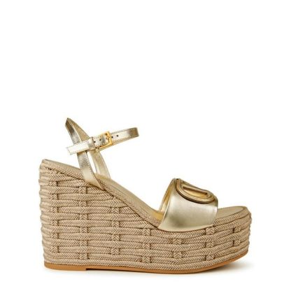 VALENTINO GARAVANI Vlogo Cutout Metallic Leather Espadrille Wedges Women Platino  for sale