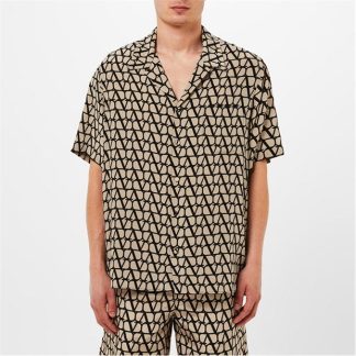 VALENTINO Toile Iconographe Shirt Men Patterned Shirt - Short Sleeve Beige/Nero MYL for sale